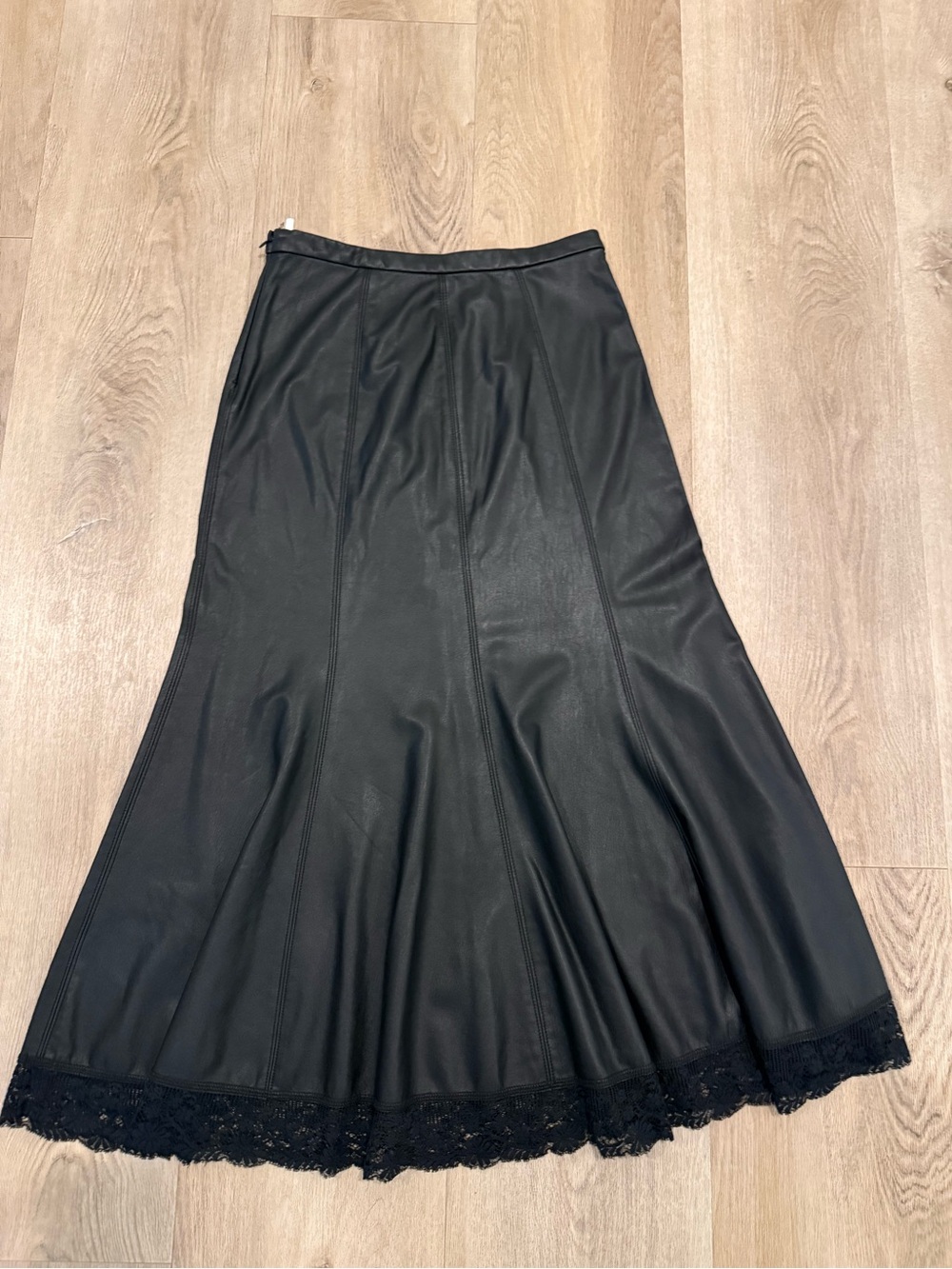 Free People Black Faux-Leather Midi Skirt with Lace Trim